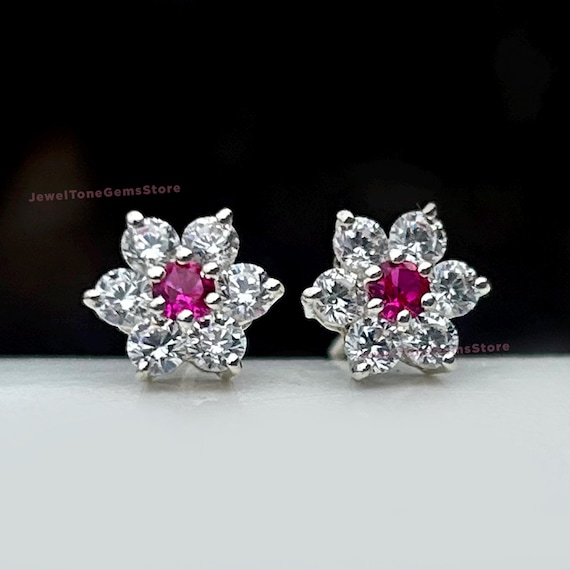 Vvs1 Moissanite Ruby Floral Stud Earrings, 925 Sterling Silver