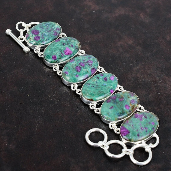 Ruby Fuchsite Bracelet, Handmade 925 Sterling Silver Adjustable Chain