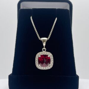 5.6ctw Cushion Cut Ruby Halo Necklace In Sterling Silver Valentines Jewelry Gift July Birthstone