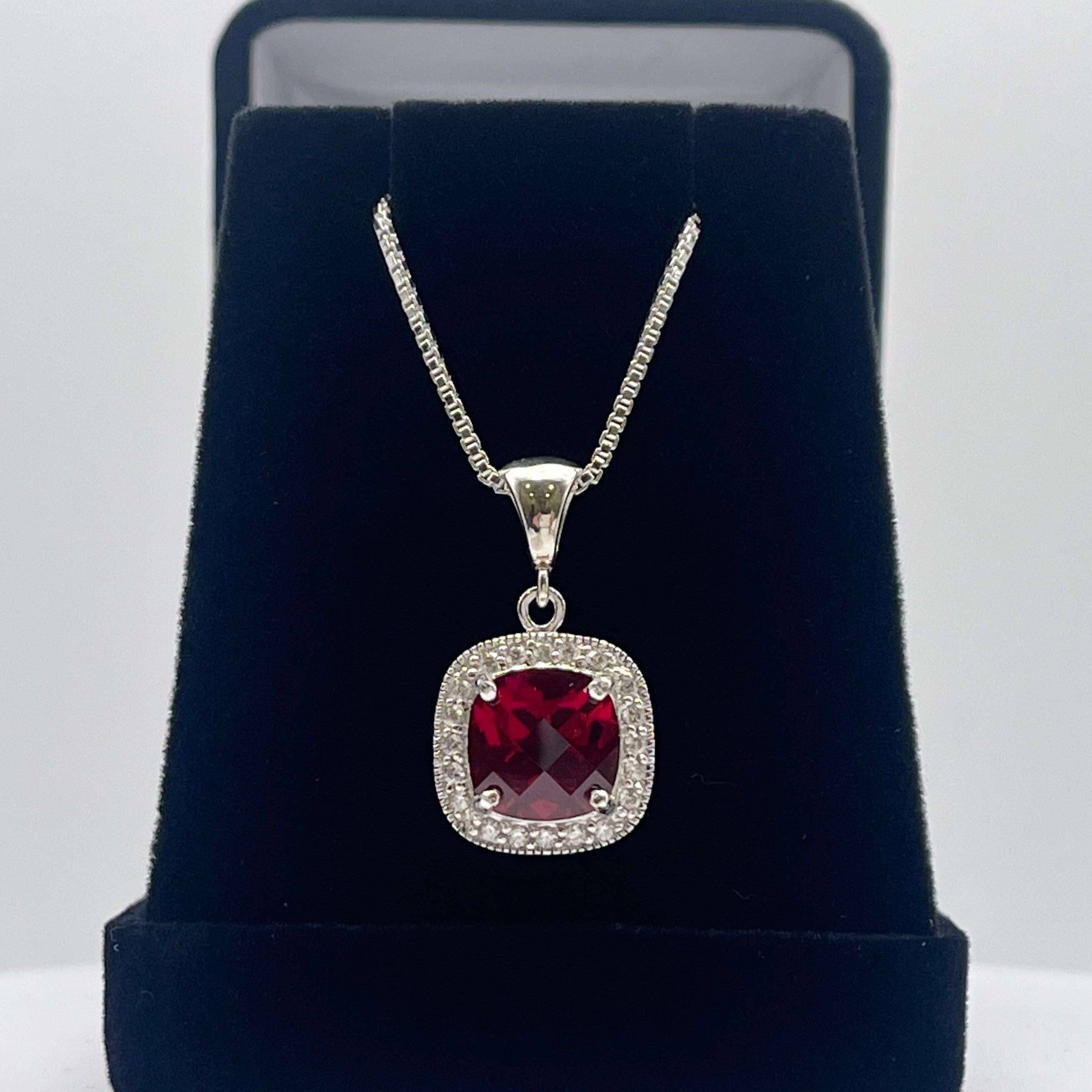 5.6ctw Cushion Cut Ruby Halo Necklace In Sterling Silver Valentines Jewelry Gift July Birthstone