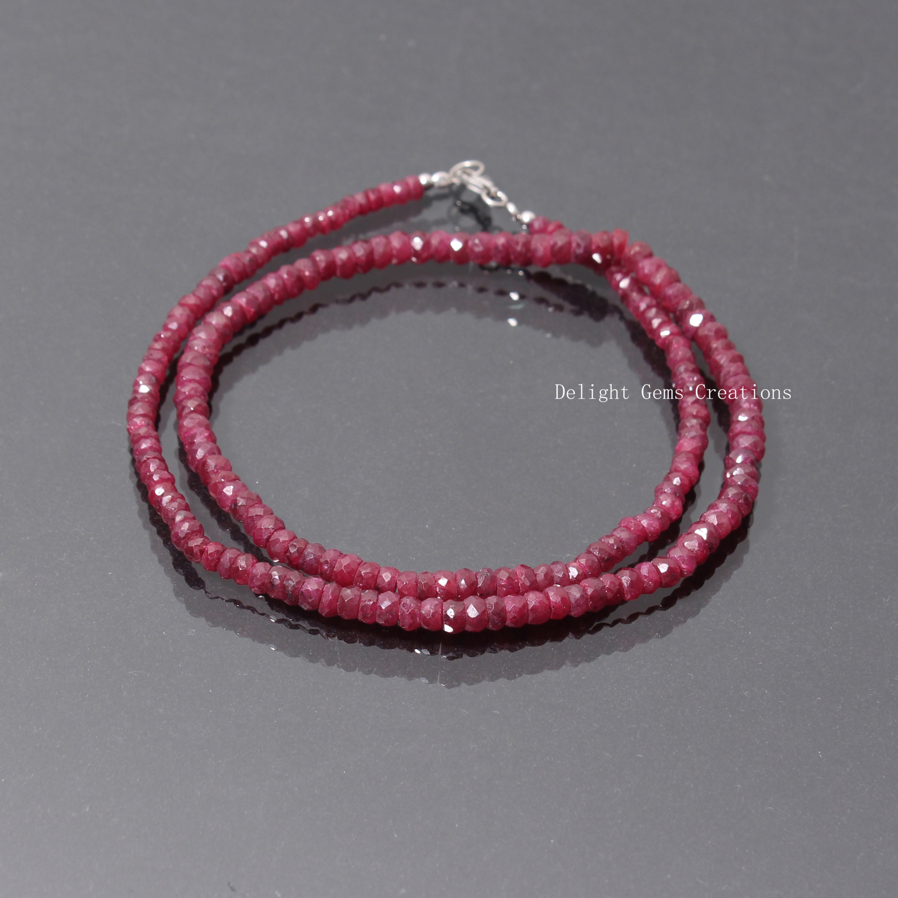 Ruby Beaded Necklace, Faceted Rondelle Beads, Sterling Silver Clasp