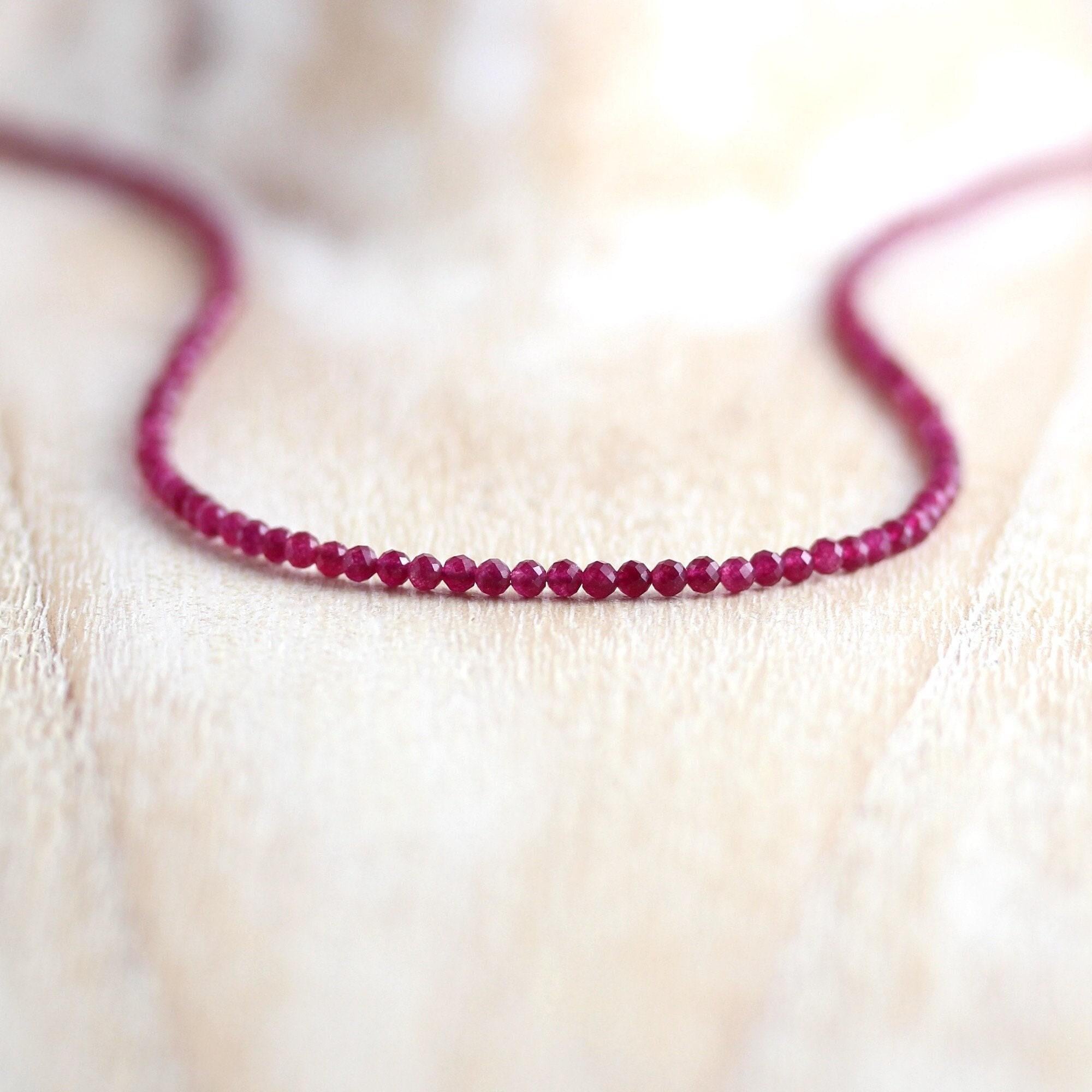 Ruby Beaded Necklace In Sterling Silver, Gold Or Rose Gold Filled, Raspberry Pink Dainty Faceted Gemstone Choker, Long Crystal Necklace