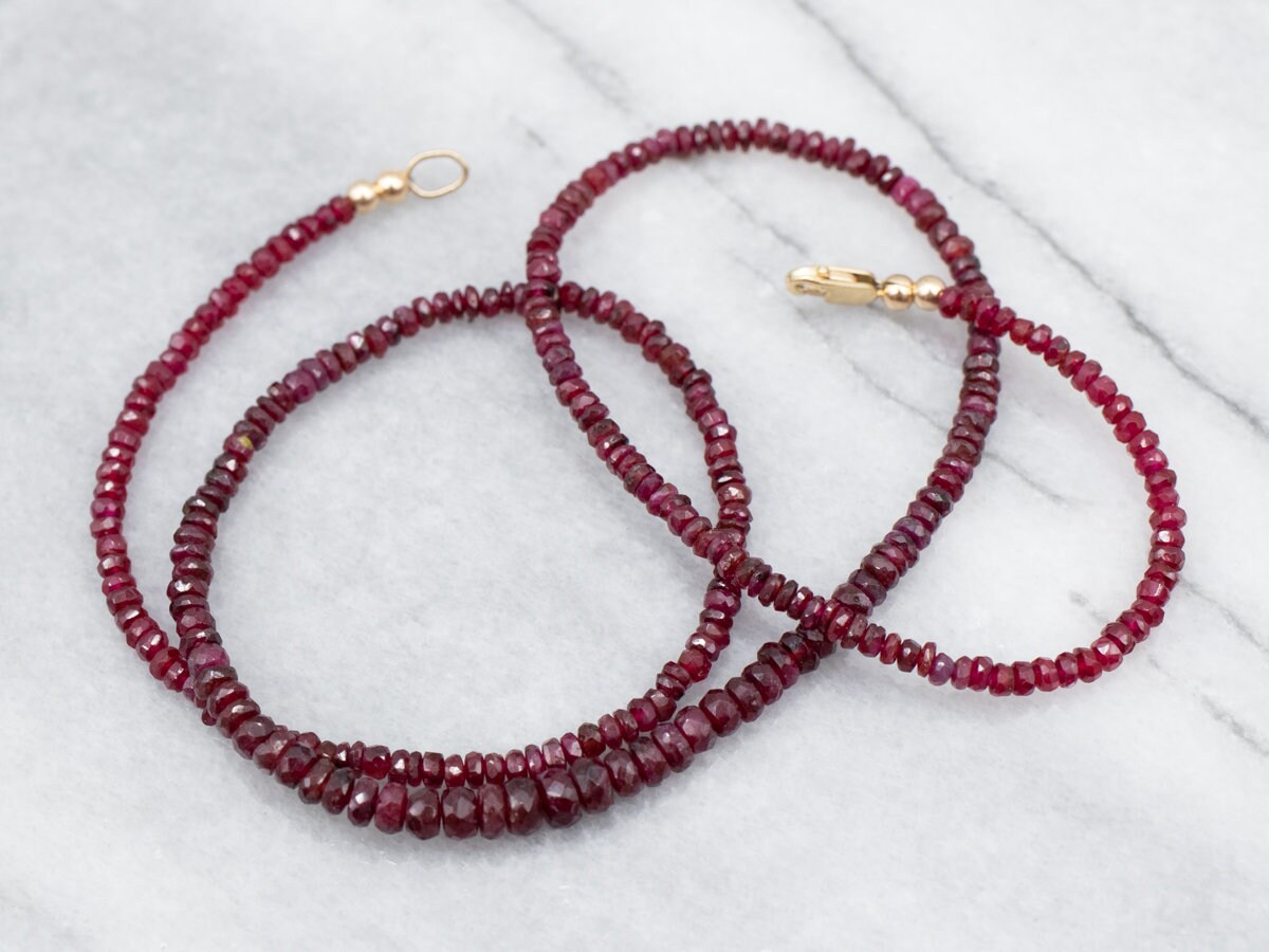 Faceted Ruby Beaded Necklace, 14k Yellow Gold Clasp