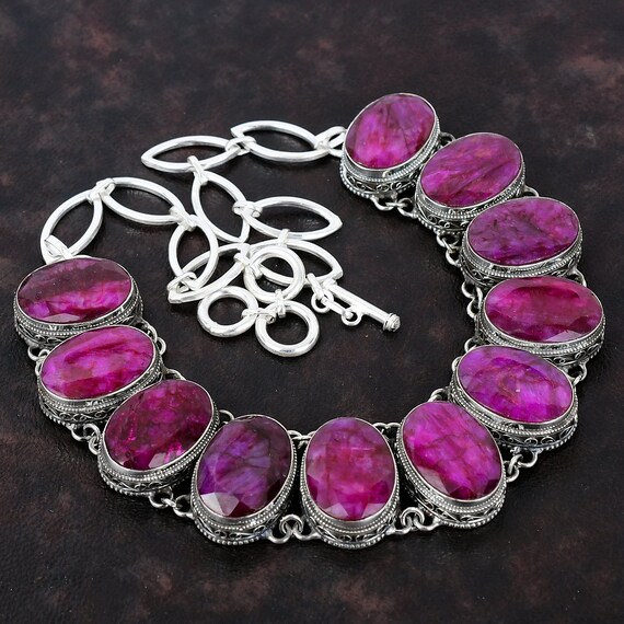 Faceted Kashmir Ruby Necklace: Vintage 925 Sterling Silver, Adjustable