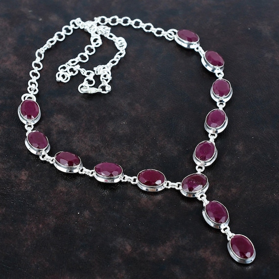 Handmade Kashmir Ruby Necklace: 925 Sterling Silver, Adjustable Chain