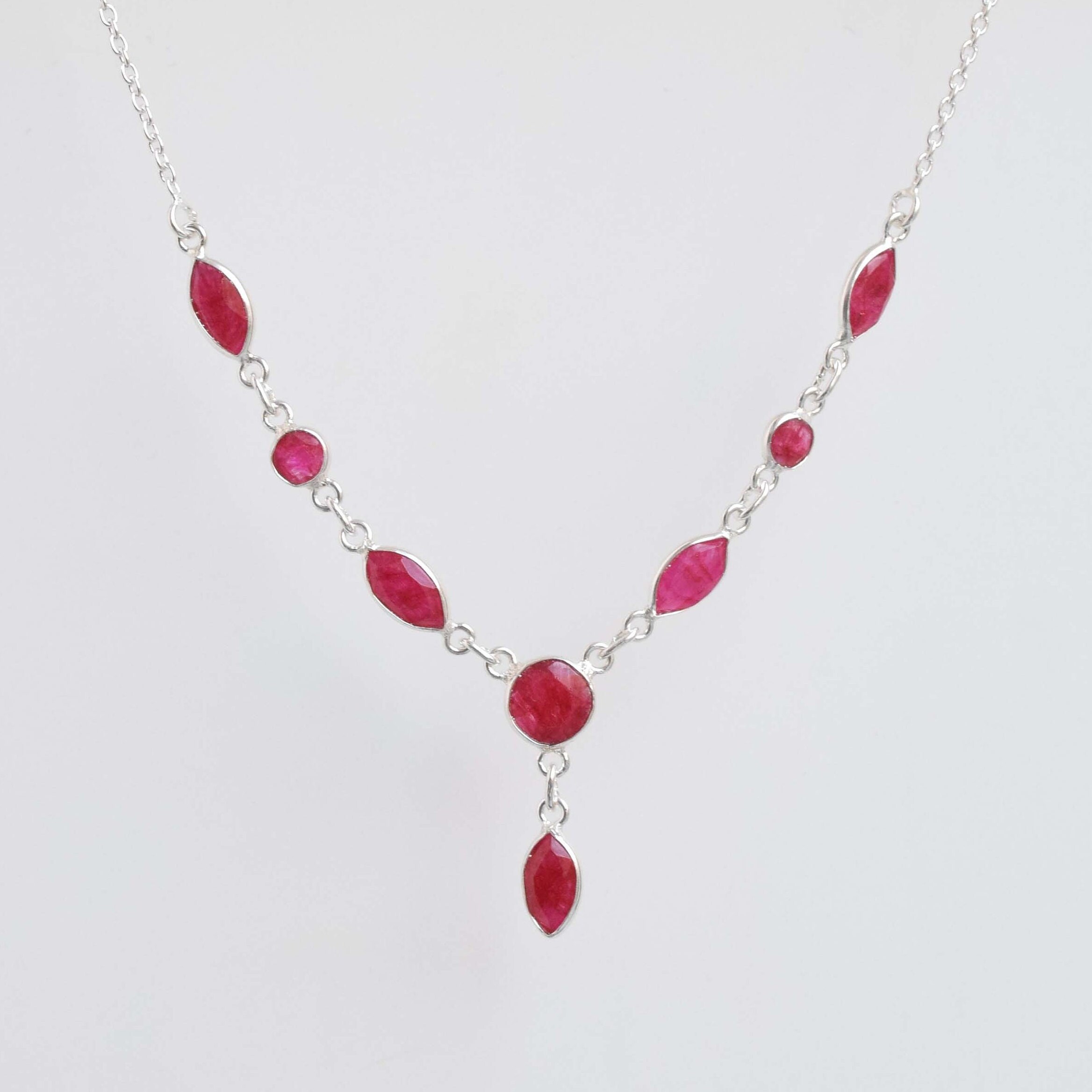 Handmade Red Ruby Sterling Silver Necklace: Marquise Round Gemstone Chain Handmade Red Ruby Sterling Silver Necklace: Marquise Round Gemstone Chain