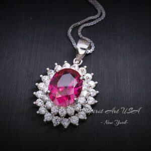 Large Double Gemstone Circle Halo Ruby Necklace Sterling Silver White Gold Plated Ruby Jewelry #541