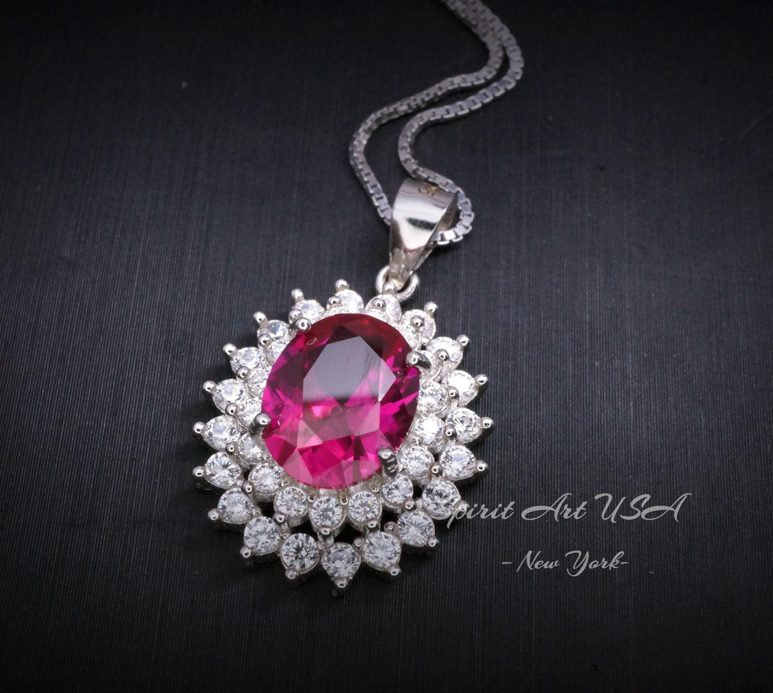 Large Double Gemstone Circle Halo Ruby Necklace Sterling Silver White Gold Plated Ruby Jewelry #541