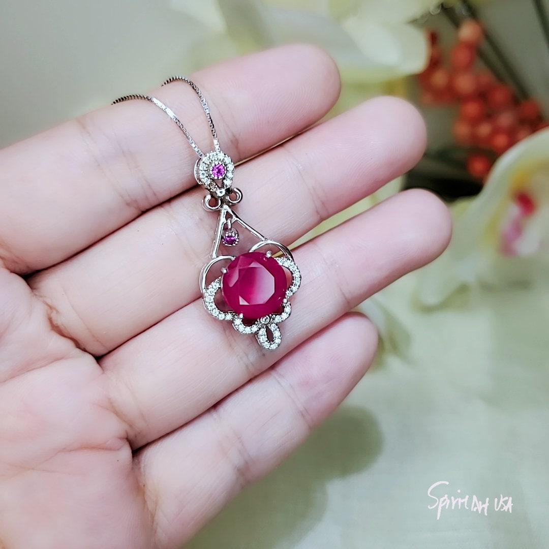 Large Ruby Necklace - Sterling Silver Round Ruby Flower Necklace - July Birthstone Bridal Ruby Jewelry 1034 Large Ruby Necklace - Sterling Silver Round Ruby Flower Necklace - July Birthstone Bridal Ruby Jewelry 1034
