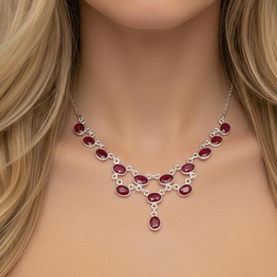 Red Ruby 925 Sterling Silver Faceted Gemstone Choker Necklace