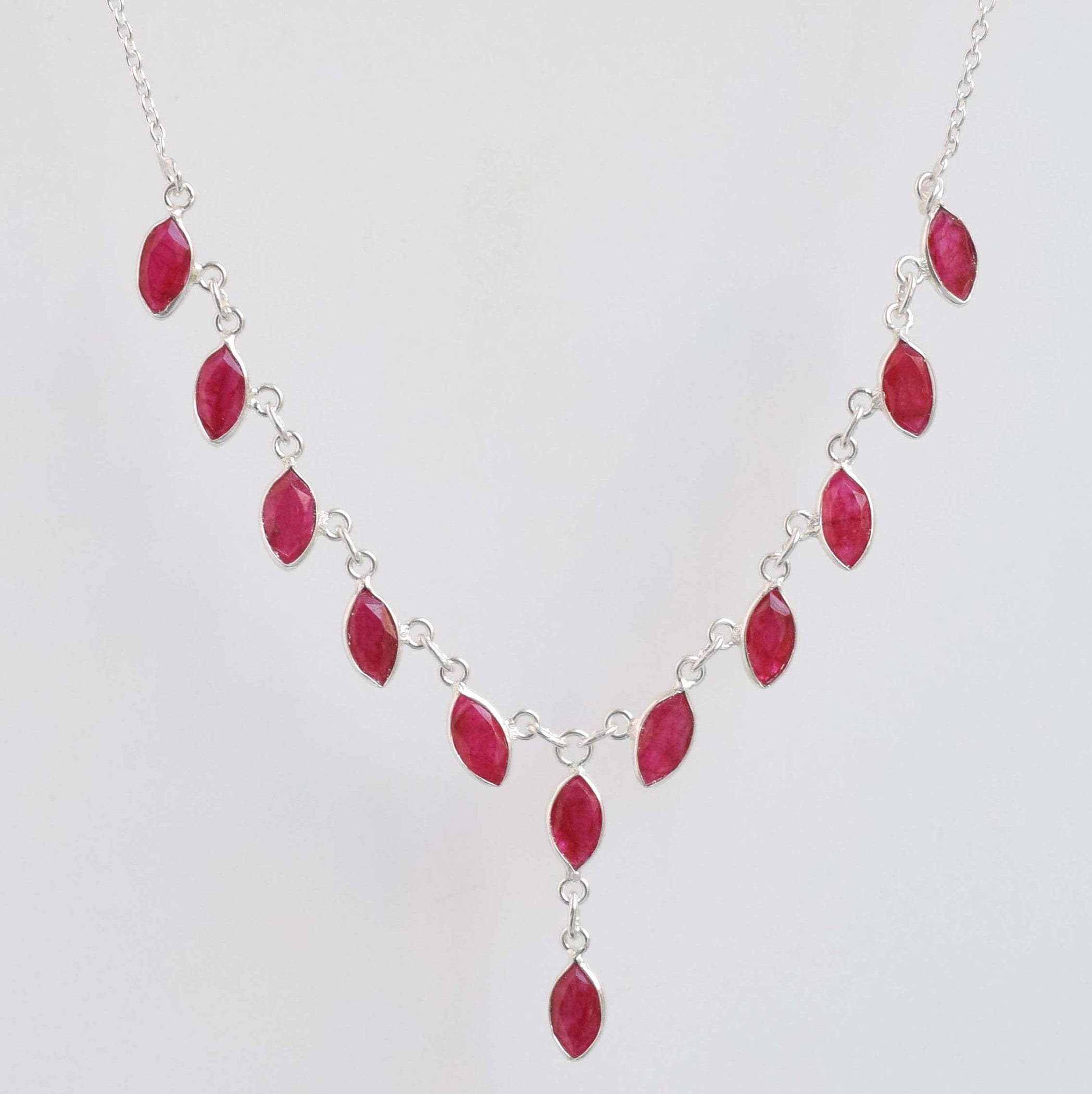 Red Ruby Sterling Silver Necklace: Handmade Marquise Gemstone Chain Red Ruby Sterling Silver Necklace: Handmade Marquise Gemstone Chain