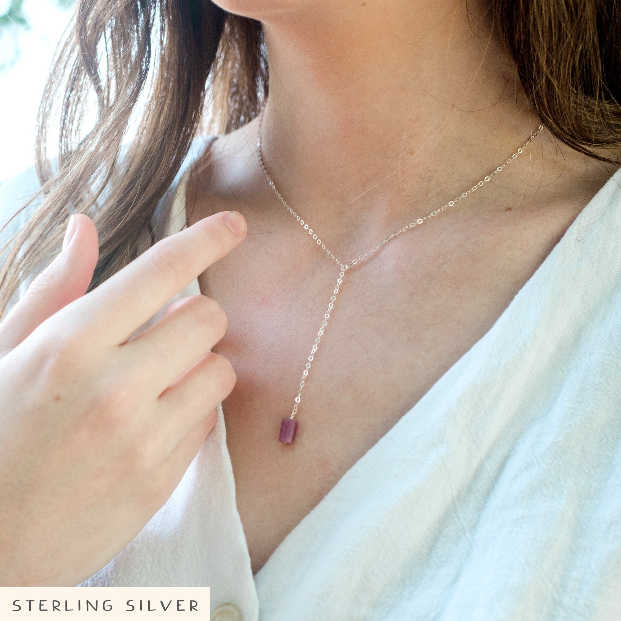 Rough Red Ruby Crystal Lariat Necklace In Gold, Silver, Bronze Or Rose Gold. Adjustable 16-18" Length. July Birthstone Necklace