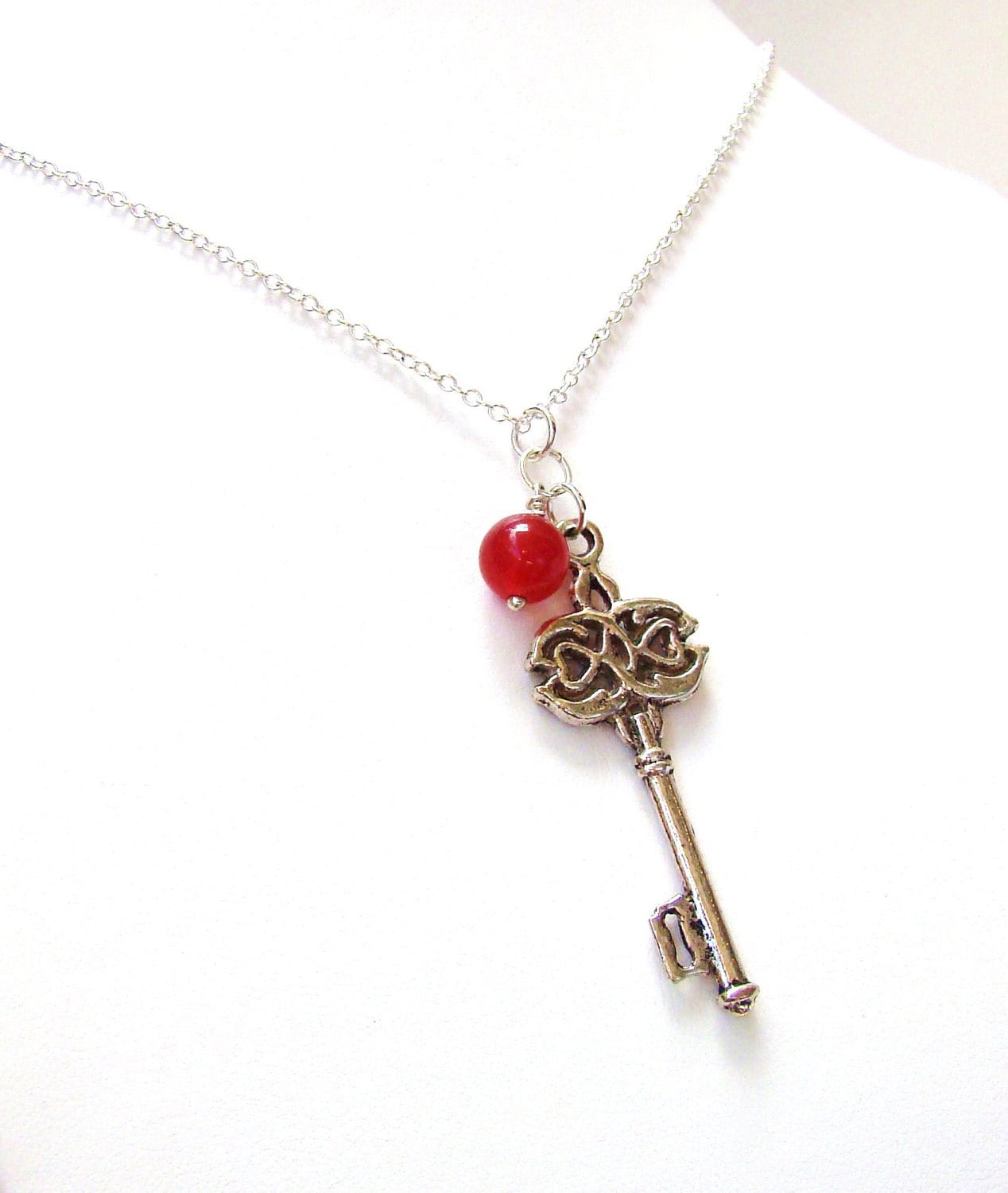 Vintage Key Necklace: Ruby Gem, Silver Skeleton Key, July Birthstone Vintage Key Necklace: Ruby Gem, Silver Skeleton Key, July Birthstone