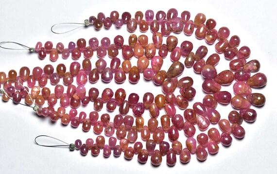 African Ruby Teardrop Beads -7 Inches - Natural Beautiful Smooth Ruby Tear Drops Briolettes Strand - Size Is 4x5 -6.5x9.5 Mm #626