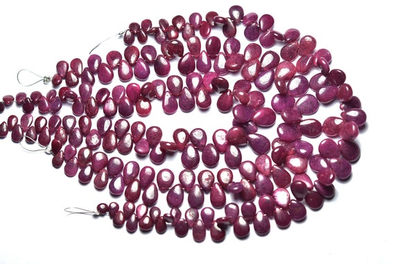 Ruby Briolette Bead Strand - 8 Inches - Natural Beautiful Smooth Africa Ruby Pear Briolettes - Size Is 4x6 - 7x9 Mm #2133