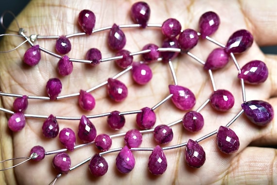 Ruby Tear Drop Bead Strand -6.50 Inches - Natural Ruby Smooth Teardrop Briolettes Faceted Drops - Size Is 6x8-8x13 Mm #996