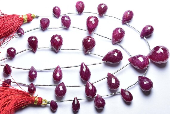 Ruby Teardrop Bead Strand -7 Inches -beautiful Natural Faceted Ruby Tear Drops Briolettes - Dyed On Natural Ruby - Size Is 6x8-9x13 Mm #1475