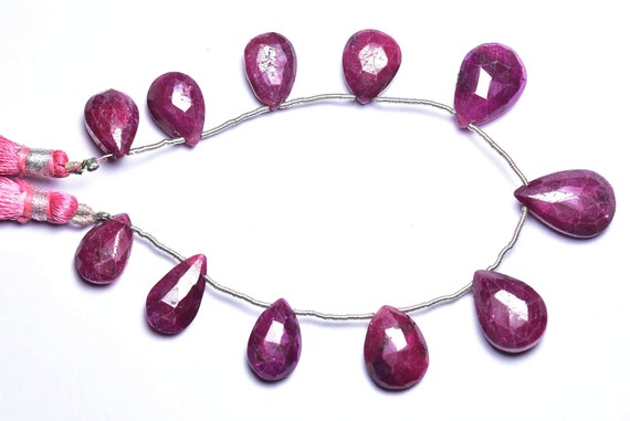 Ruby Teardrop Briolette Bead -8 Inches -beautiful Natural Faceted Ruby Pear Briolettes - Dyed On Natural Ruby - Sizes 10x12 - 11x16 Mm #12