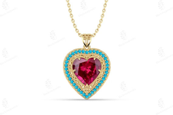 14k Gold Ruby Necklace For Women Art Deco Style Heart Pendant Filigree Design Antique Heart Pendant Necklace Elegant Halo Ruby Heart Pendant