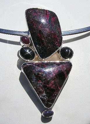 Eudialyte Pendant, Aa Quality, Ultimate Eudialyte Pendant,  Ruby And Black Star Accents, Artist Design Multistone Pendant, Sterling Silver