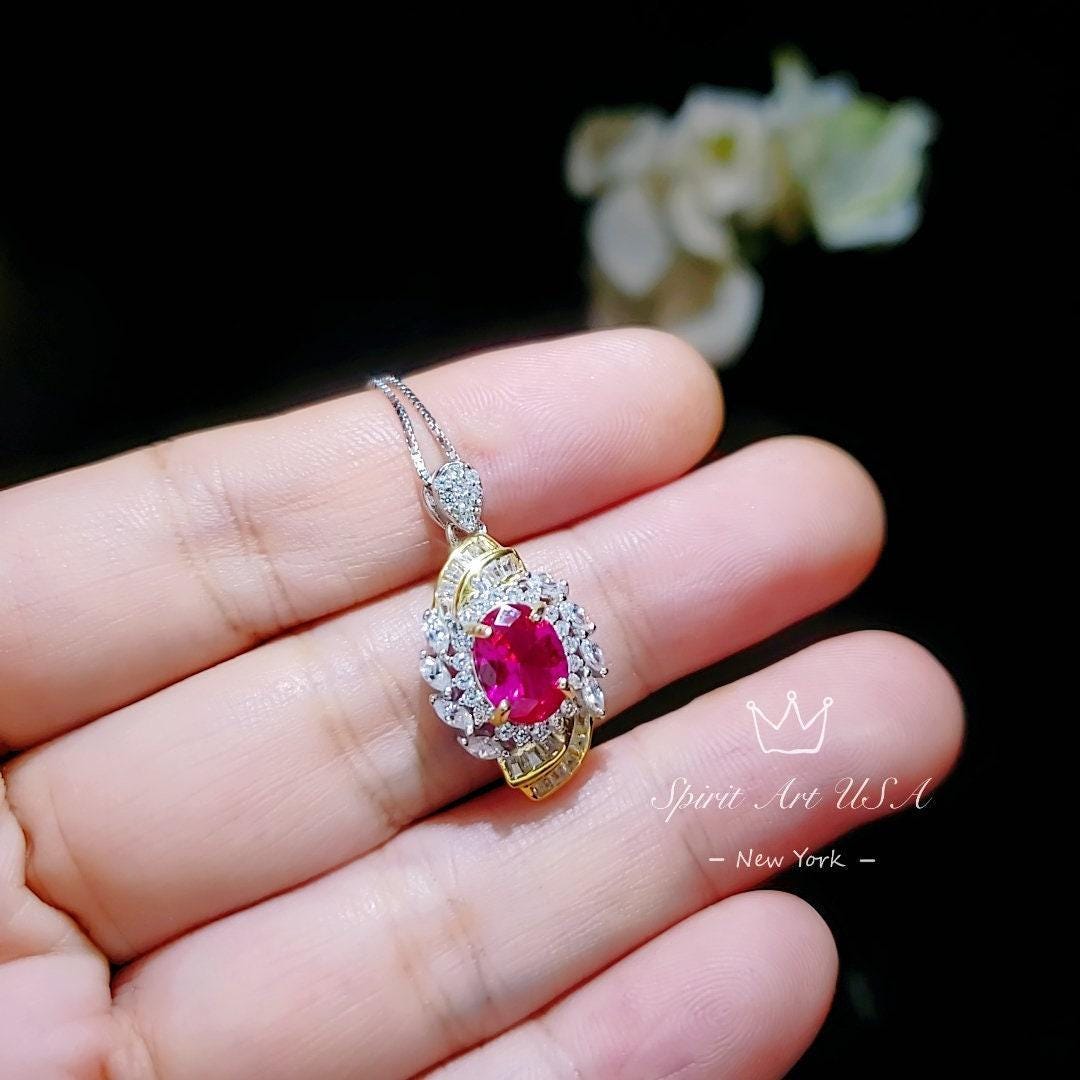 Fuchsia Ruby Necklace - Spiral Of Life 1.5 Ct Red Gemstone Pendant Spiritual Gemstone Flower Silver Gold Halo Swirl Leaf Jewelry #642