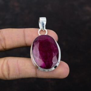 Handmade Kashmir Ruby Pendant: Oval Gemstone, 925 Sterling Silver Handmade Kashmir Ruby Pendant: Oval Gemstone, 925 Sterling Silver