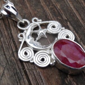 Handmade Sterling Silver Ruby Necklace: Gothic Star Moon Pendant Handmade Sterling Silver Ruby Necklace: Gothic Star Moon Pendant