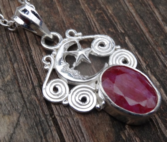 Handmade Sterling Silver Ruby Necklace: Gothic Star Moon Pendant