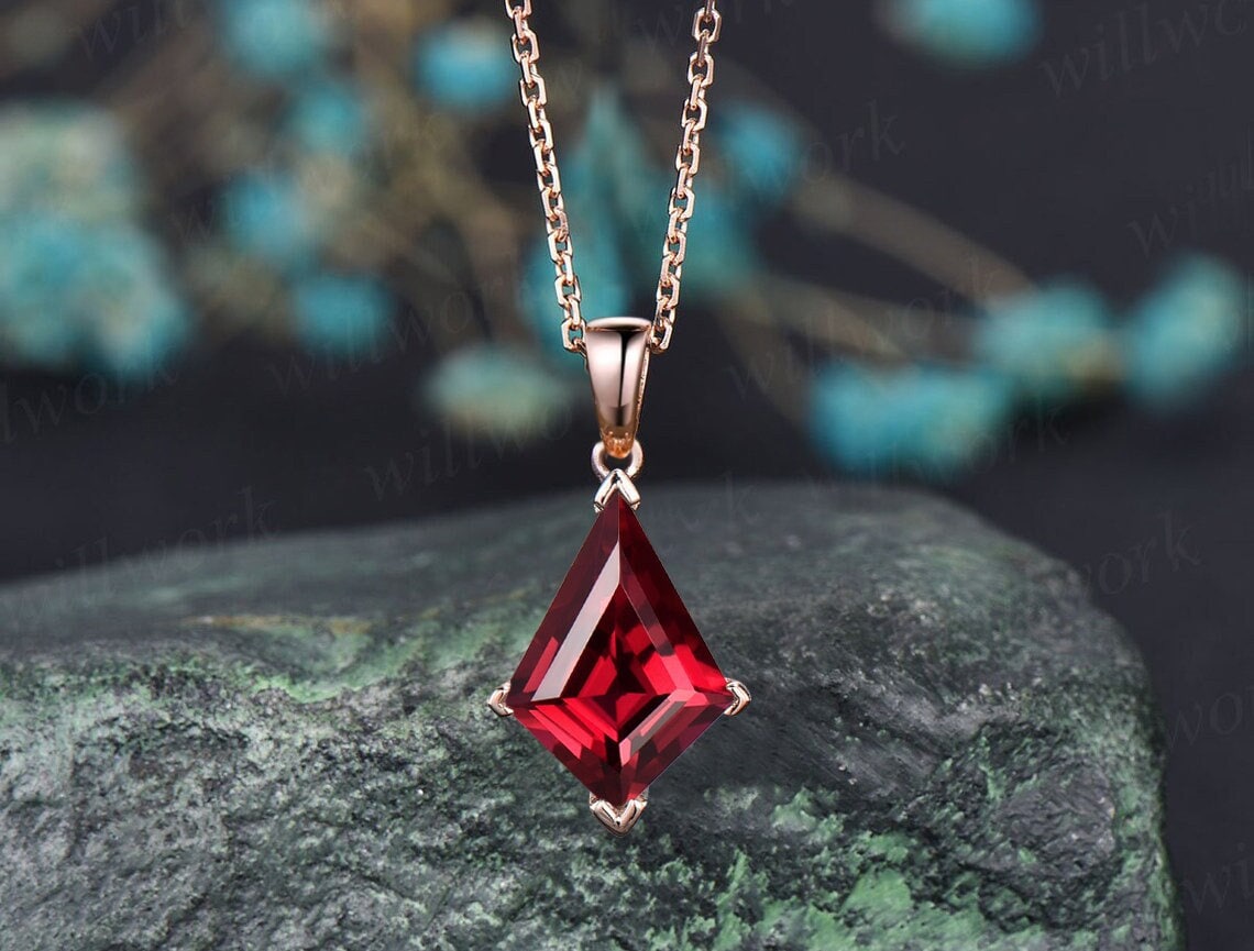Kite Red Ruby Necklace Solid 14k 18k Rose Gold Vintage Unique Personalized Pendant Women Her Gemstone Anniversary Bridal Gift Mother