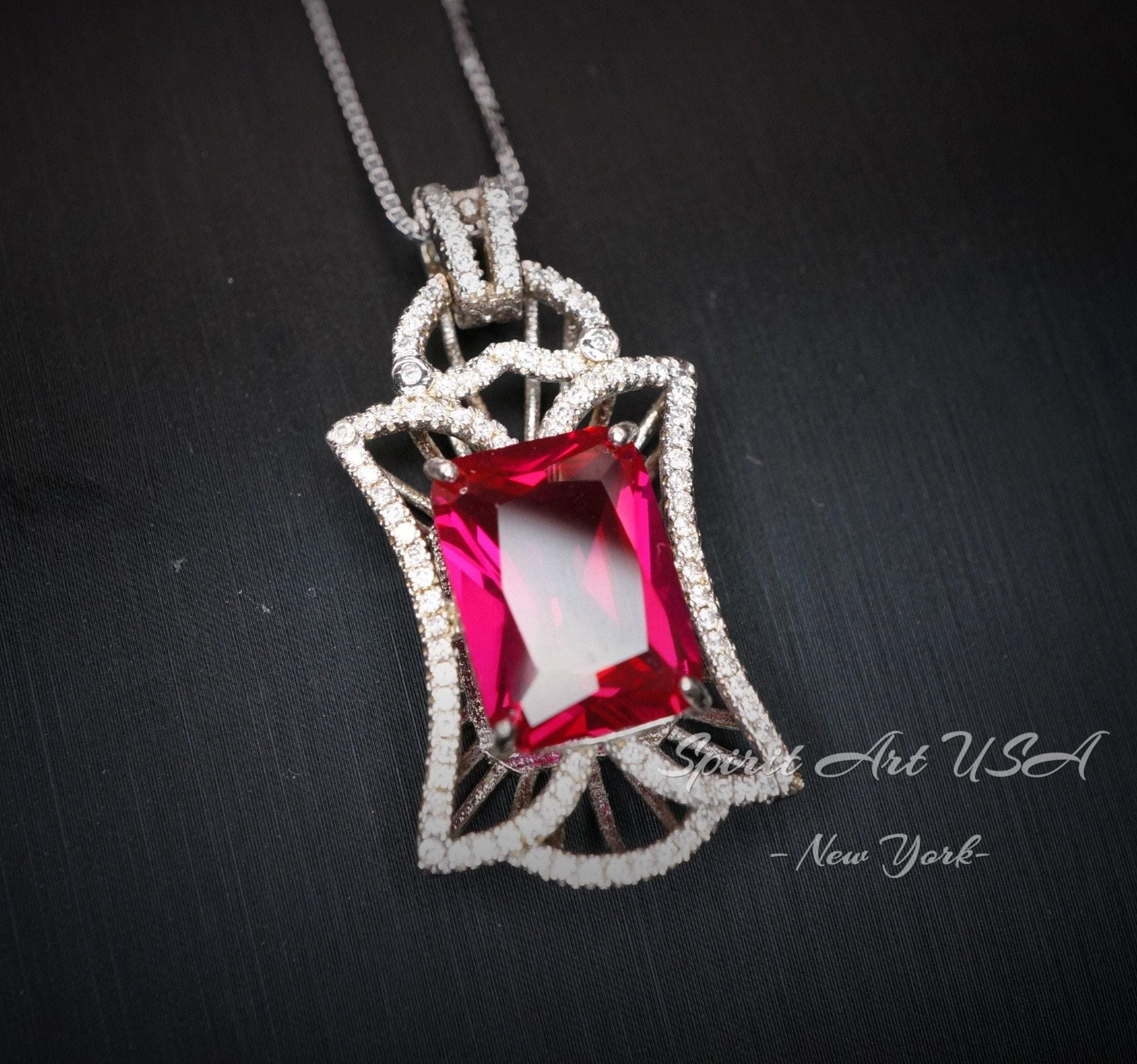 Large Ruby Necklace - Rectangle 10 Ct Gemstone Red Ruby Pendant - 18kgp @ Sterling Silver - July Birthstone - Royal Flower Ruby Jewelry