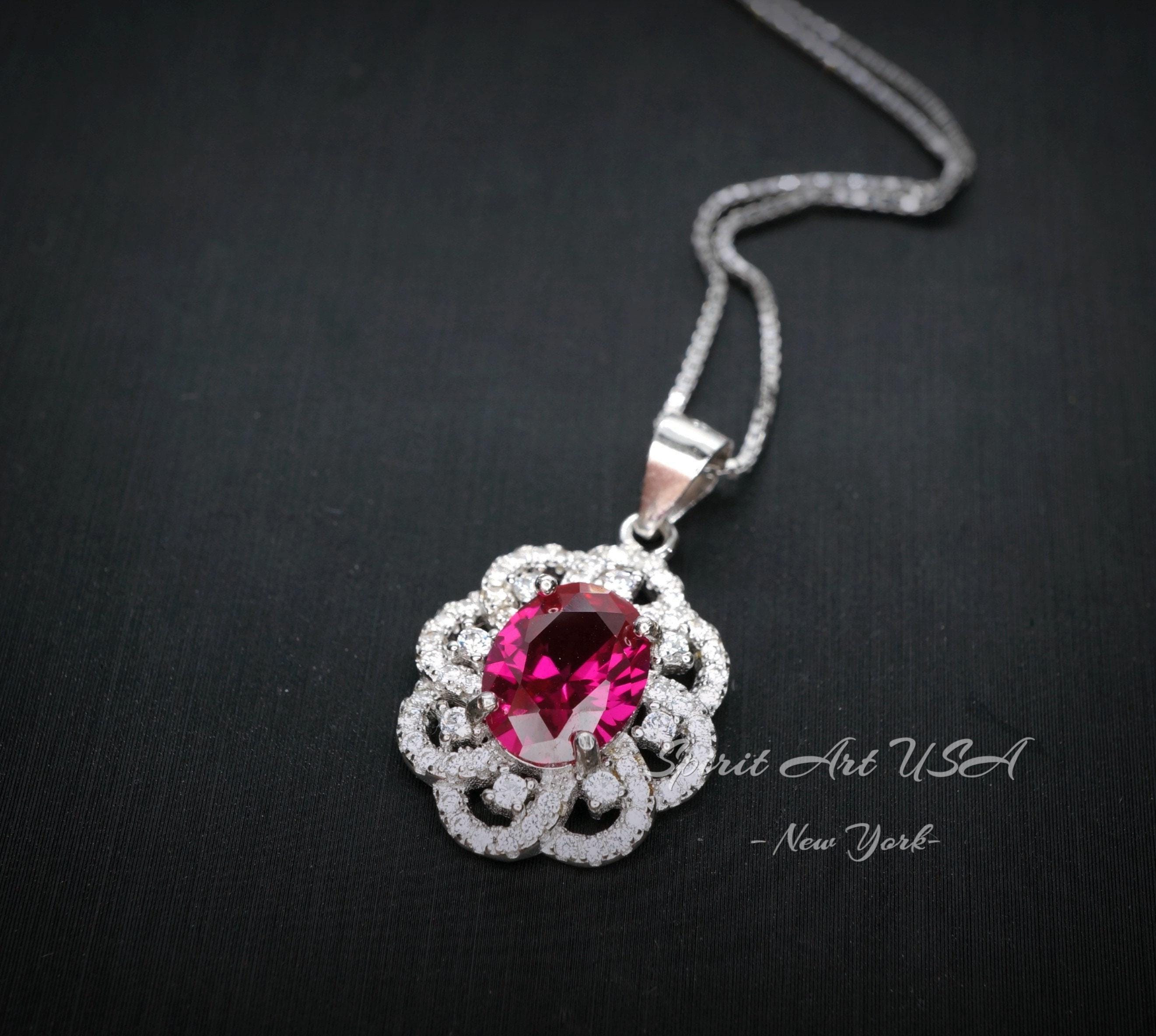Ruby Necklace 925 Sterling Silver Gemstone Flower 18kgp Ruby Pendant #428