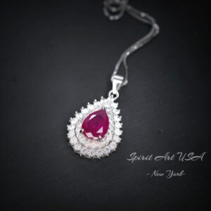 Ruby Necklace Double Gemstone Teardrop Halo Red Gemstone Pendant 18kgp Sterling Silver Pear Gemstone Jewelry #361 Ruby Necklace Double Gemstone Teardrop Halo Red Gemstone Pendant 18kgp Sterling Silver Pear Gemstone Jewelry #361