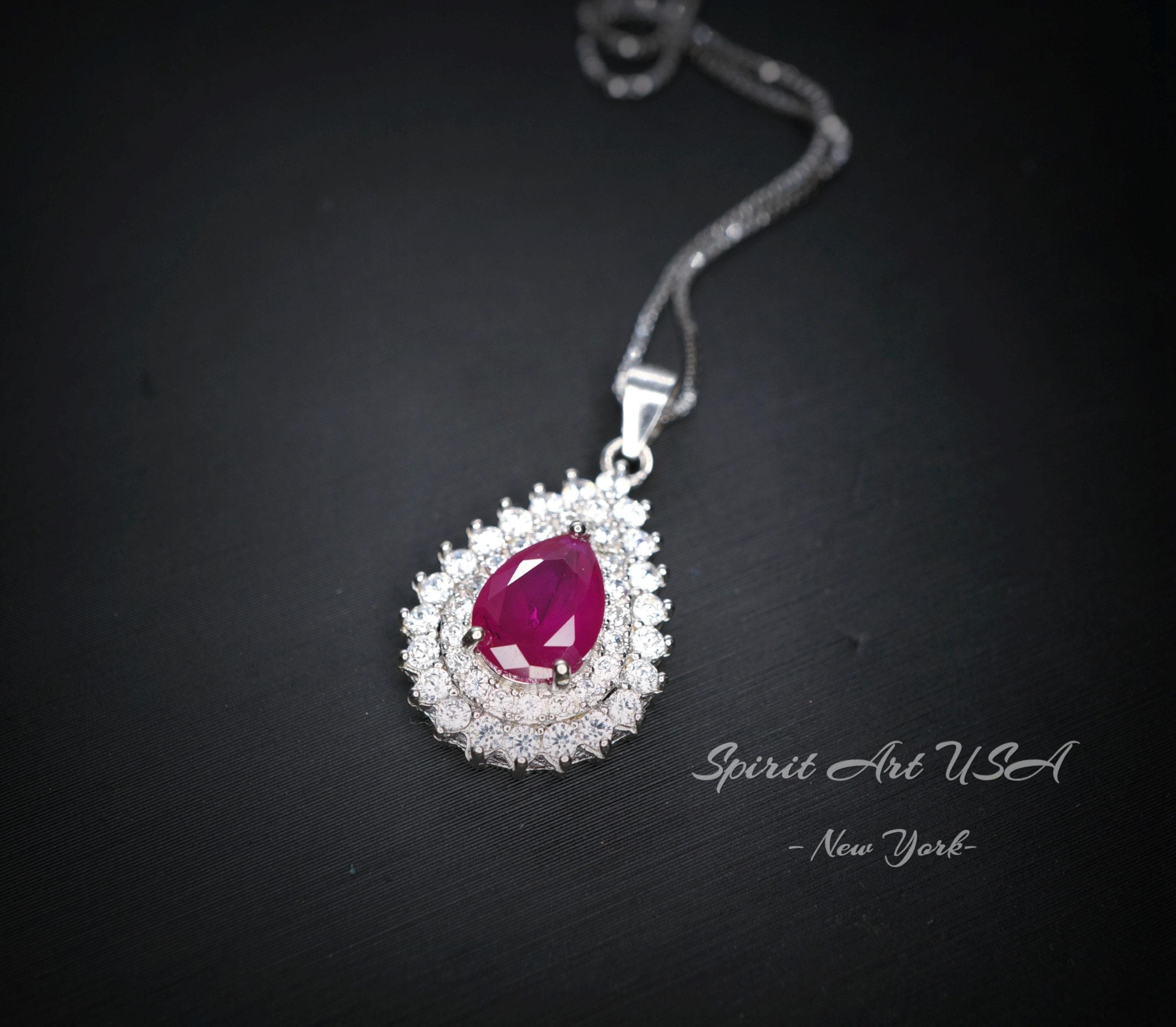 Ruby Necklace Double Gemstone Teardrop Halo Red Gemstone Pendant 18kgp Sterling Silver Pear Gemstone Jewelry #361