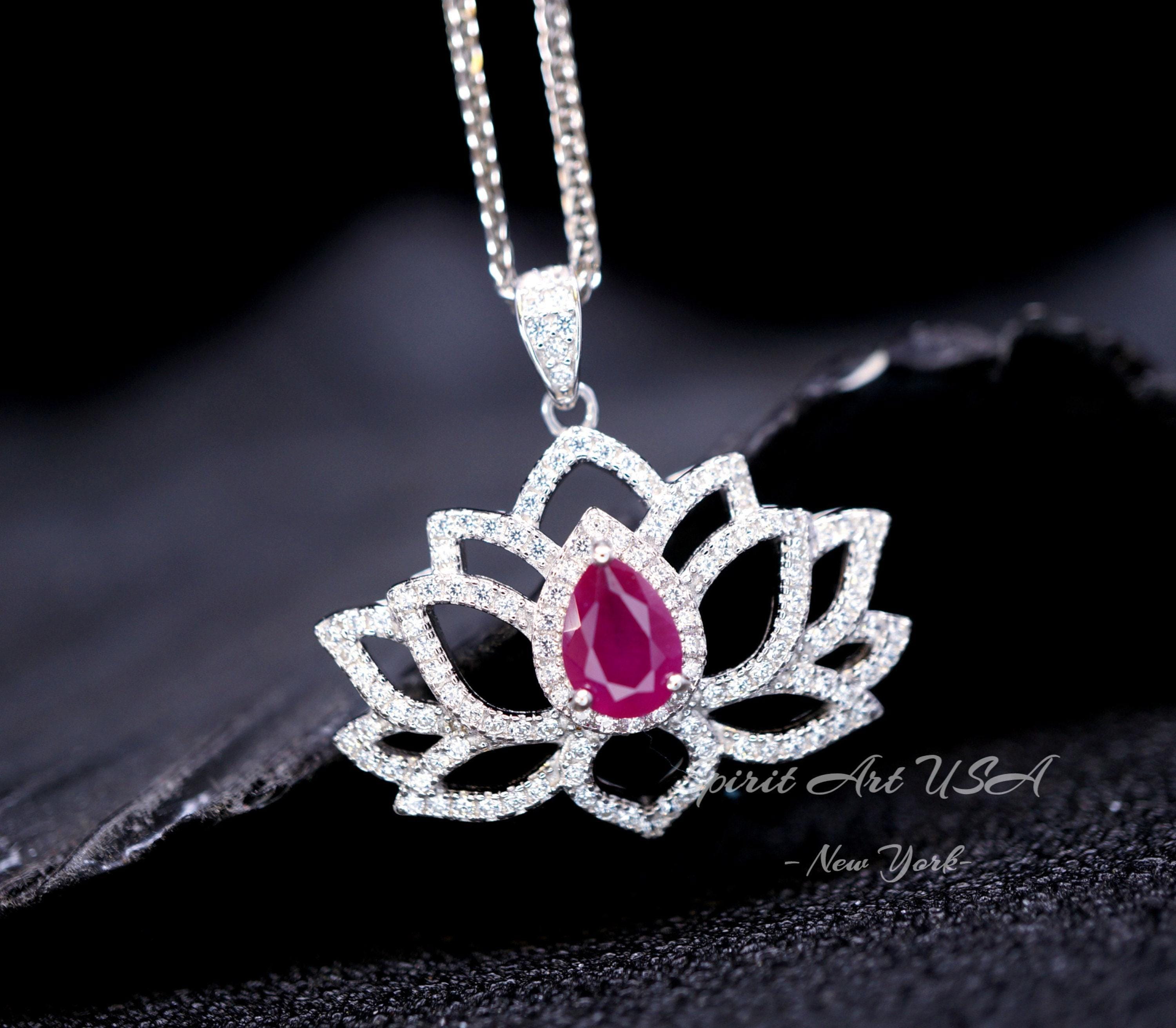 Ruby Necklace - Gemstone Lotus Flower Ruby Pendant - White Gold @ Sterling Silver - July Birthstone - Yoga Necklace #602