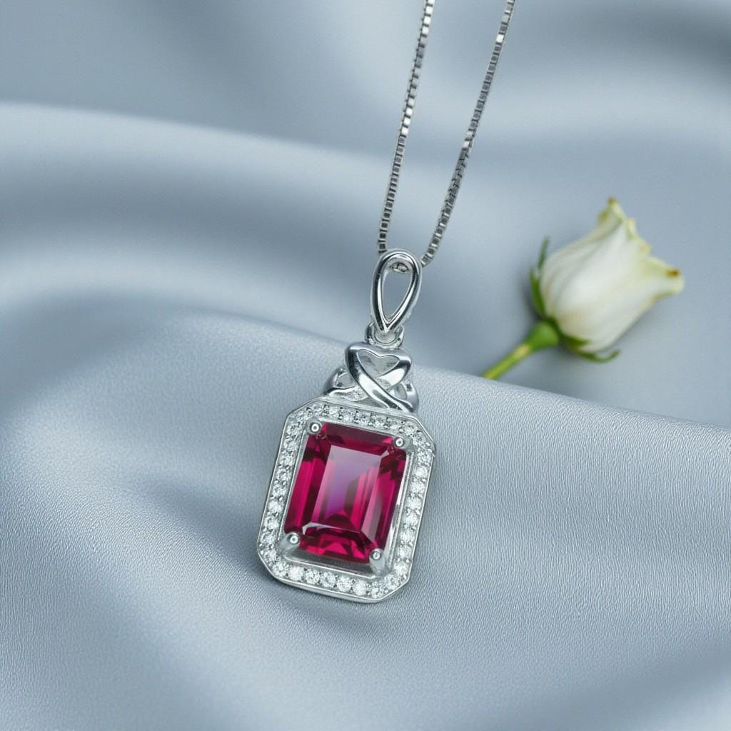 Ruby Necklace Rectangle Red Pendant - 18kgp @ Sterling Silver - July Birthstone Chain #299