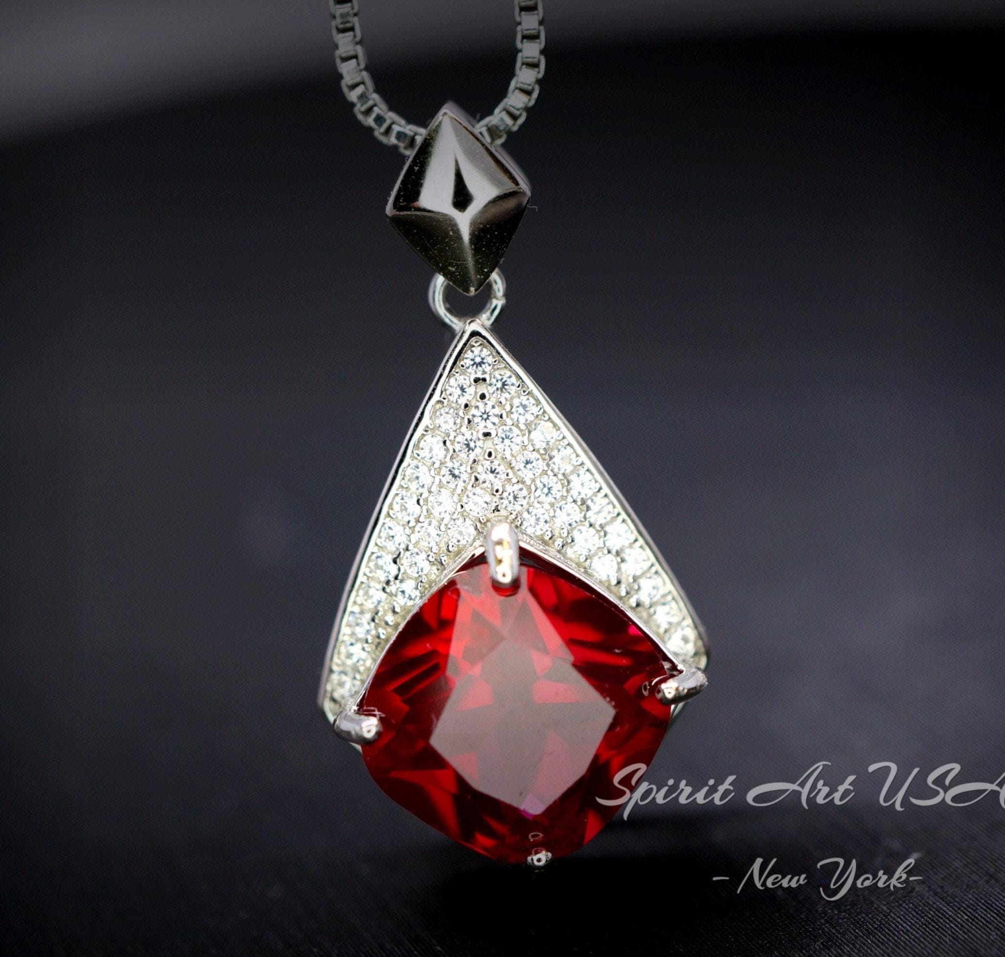 Ruby Necklace - Rhombic Style - 18kgp Full Sterling Silver Gemstone Cushion Cut Large Red Ruby Pendant - Ruby - July Birthstone #682