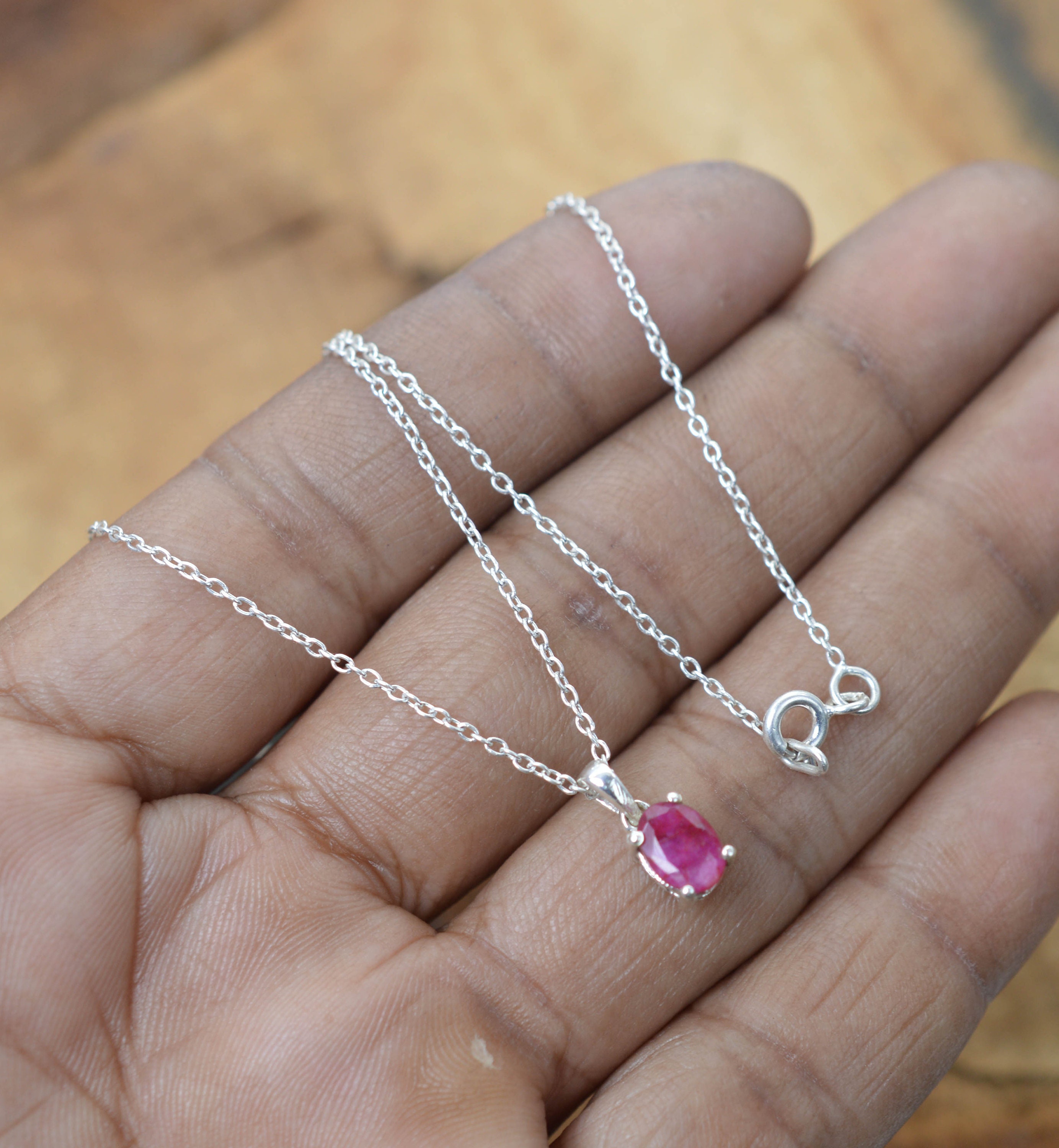 Red Ruby Sterling Silver Pendant Necklace - Delicate Chain