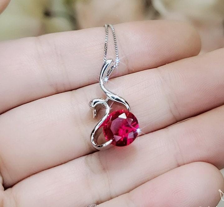 Swan Ruby Necklace Sterling Silver 18kgp Ruby Pendant July Birthstone - Sterling Silver Swan Jewelry - Solitaire Ruby Chain #280