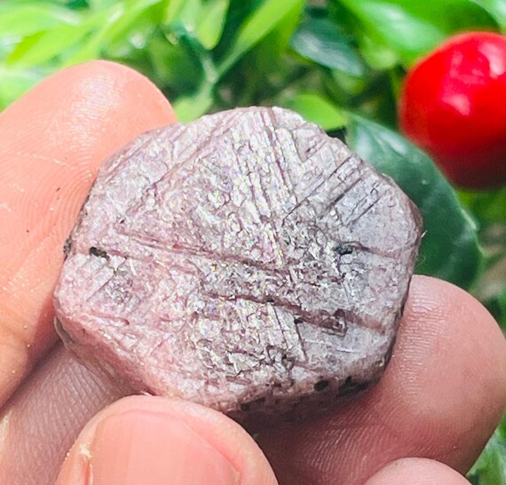 Ruby Raw Crystal-recorde Keeper Purpe Amazing Tringal Formation With Sacred Geometry.. Whight 125 Caret