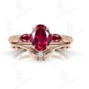 14k Gold Ruby Engagement Ring Set Art Deco Ruby Gemstone Wedding Ring Set Vintage Leaf Design 2 Piece Ring Set Unique Promise Ring Set Gift 14k Gold Ruby Engagement Ring Set Art Deco Ruby Gemstone Wedding Ring Set Vintage Leaf Design 2 Piece Ring Set Unique Promise Ring Set Gift