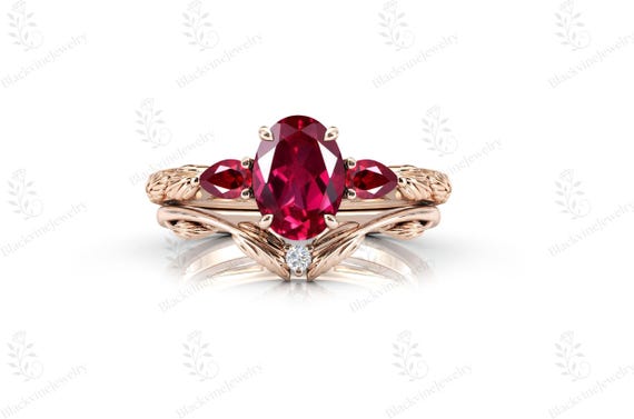 14k Gold Ruby Engagement Ring Set Art Deco Ruby Gemstone Wedding Ring Set Vintage Leaf Design 2 Piece Ring Set Unique Promise Ring Set Gift