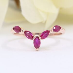 14K Natural Ruby Chevron Ring: Marquise Wedding Band 14K Natural Ruby Chevron Ring: Marquise Wedding Band