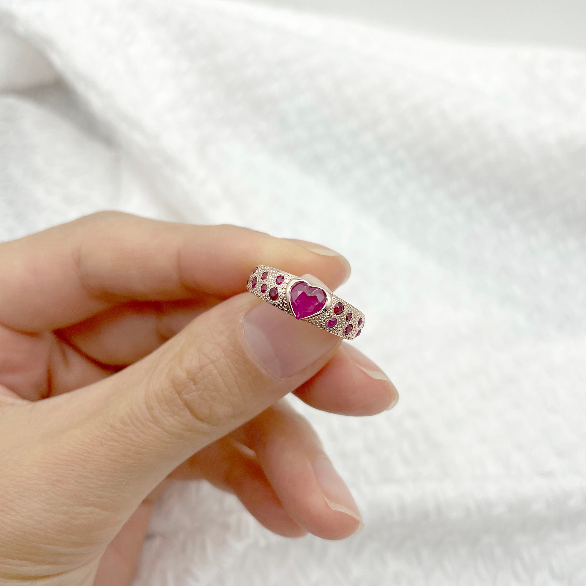 14k Rose Gold Ruby Heart Ring - Handmade Wedding Band