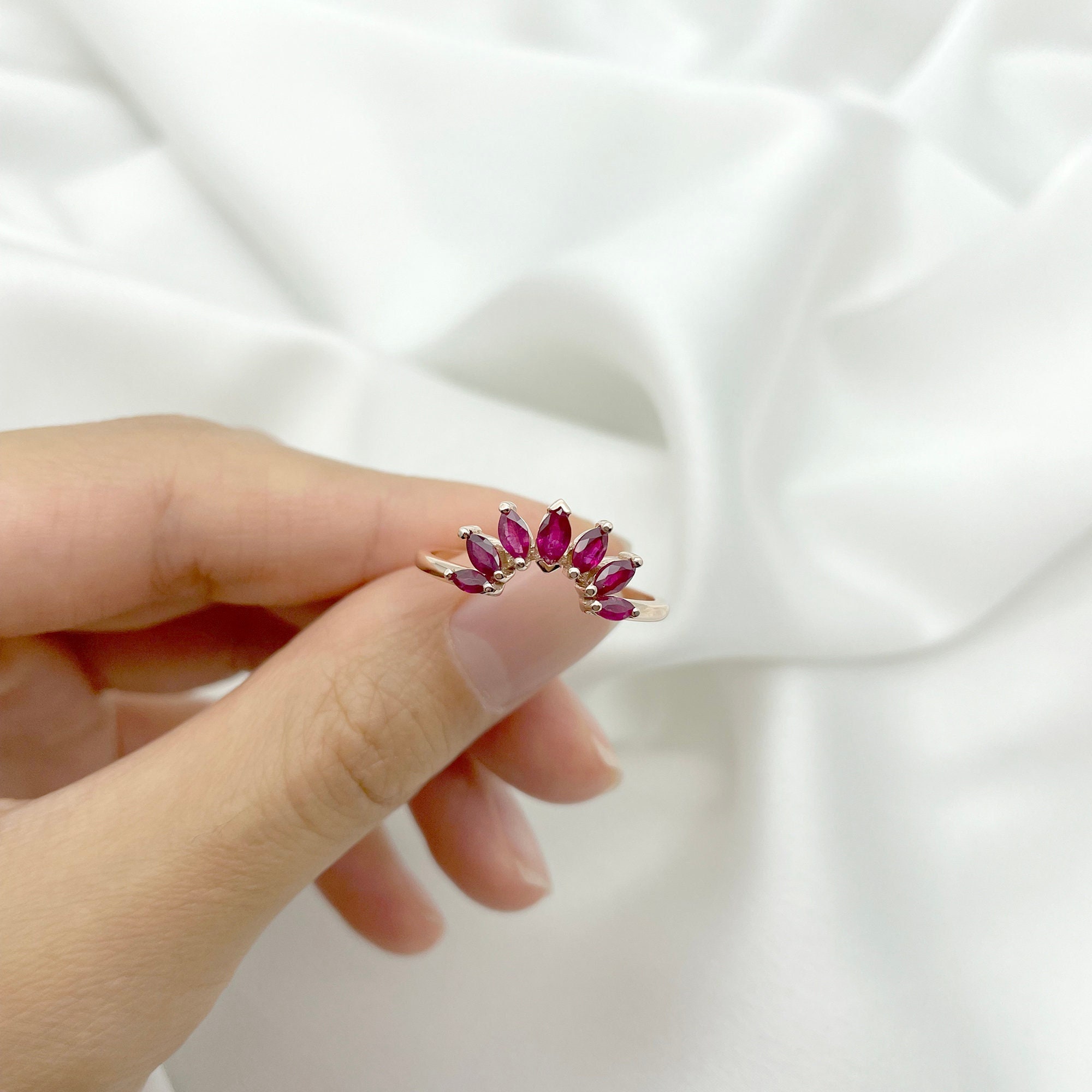 14k Rose Gold Ruby Crown Band: Marquise Wedding Ring