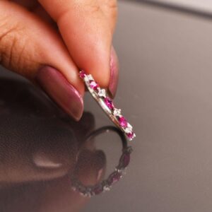 14K White Gold Ruby Wedding Band, Moissanite Diamond Ring, Half eternity Ring