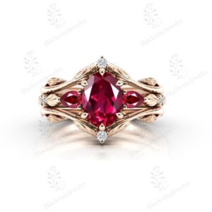 Art Deco Ruby Engagement Ring Set For Women 14k Gold Ruby Gemstone Ring Set Handmade 3 Piece Ring Set For Bride Unique Leaf Style Ring Set Art Deco Ruby Engagement Ring Set For Women 14k Gold Ruby Gemstone Ring Set Handmade 3 Piece Ring Set For Bride Unique Leaf Style Ring Set