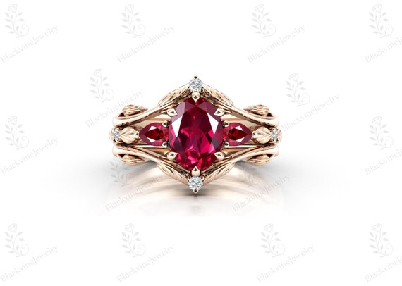 Art Deco Ruby Engagement Ring Set For Women 14k Gold Ruby Gemstone Ring Set Handmade 3 Piece Ring Set For Bride Unique Leaf Style Ring Set