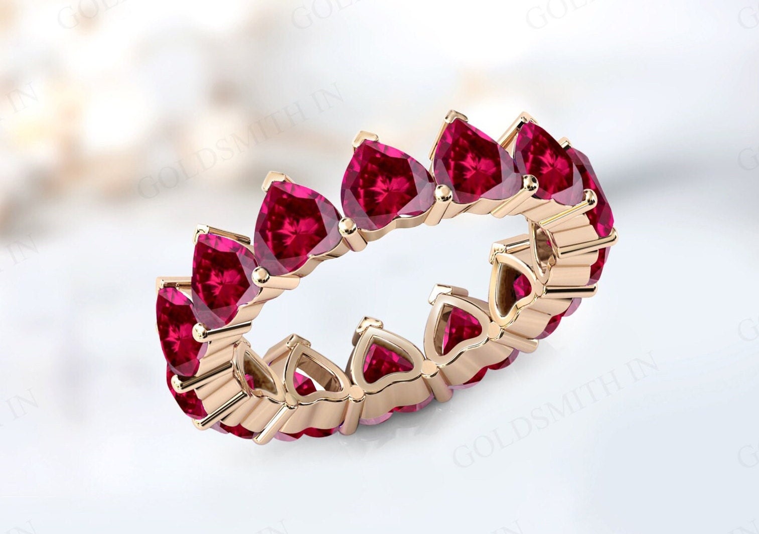 Art Deco Ruby Full Eternity Band For Women Antique Heart Shaped Ruby Wedding Band 14k Gold Ruby Gemstone Band Unique Promise Band For Her