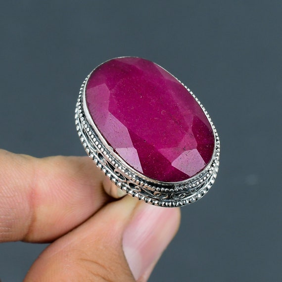 Faceted Kashmir Ruby Ring: Adjustable 925 Sterling Silver, Handmade