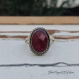Handmade Oval Red Ruby Ring: Sterling Silver Boho Band Handmade Oval Red Ruby Ring: Sterling Silver Boho Band